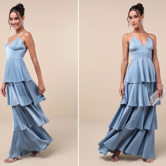 LULU's Prom Wedding Bridesmaid Satin Boho Tiered Ruffles Navy Maxi Dress - Picture 1 of 5